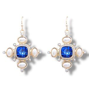 Cross Dangling Earrings with Blue Stones, Simulated Pearls, and Crystal Accents